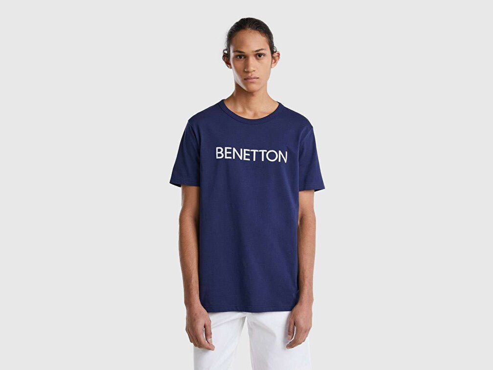 Benetton Erkek Lacivert Logo Baskılı Organik Pamuklu Tshirt