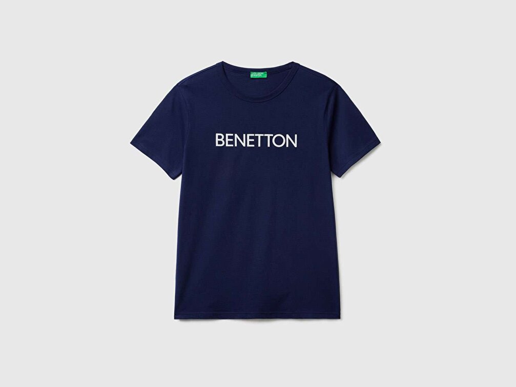 Benetton Erkek Lacivert Logo Baskılı Organik Pamuklu Tshirt