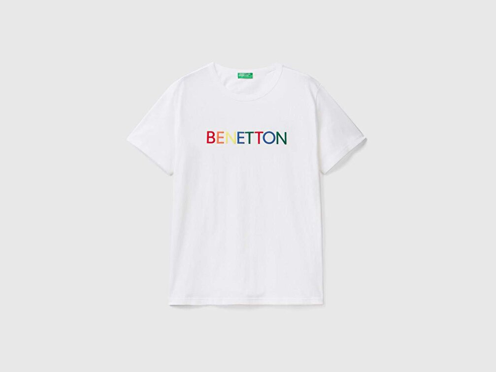 Benetton Erkek Beyaz Renkli Yazı Logo Baskılı Organik Pamuklu Tshirt
