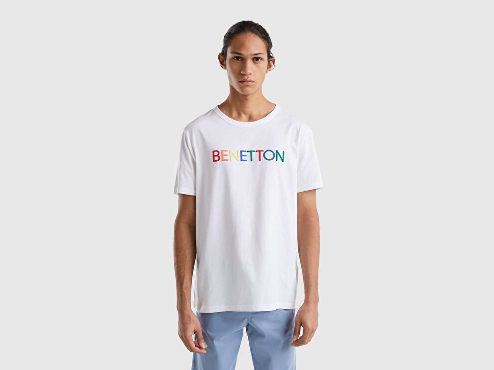 Benetton Erkek Beyaz Renkli Yazı Logo Baskılı Organik Pamuklu Tshirt