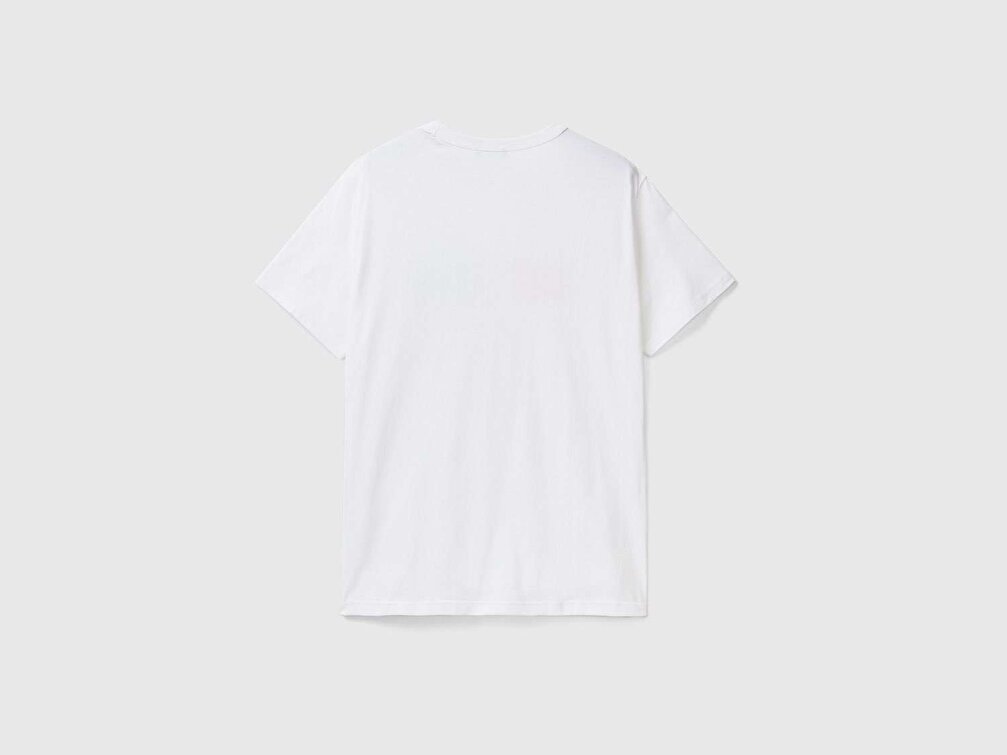 Benetton Erkek Beyaz Renkli Yazı Logo Baskılı Organik Pamuklu Tshirt
