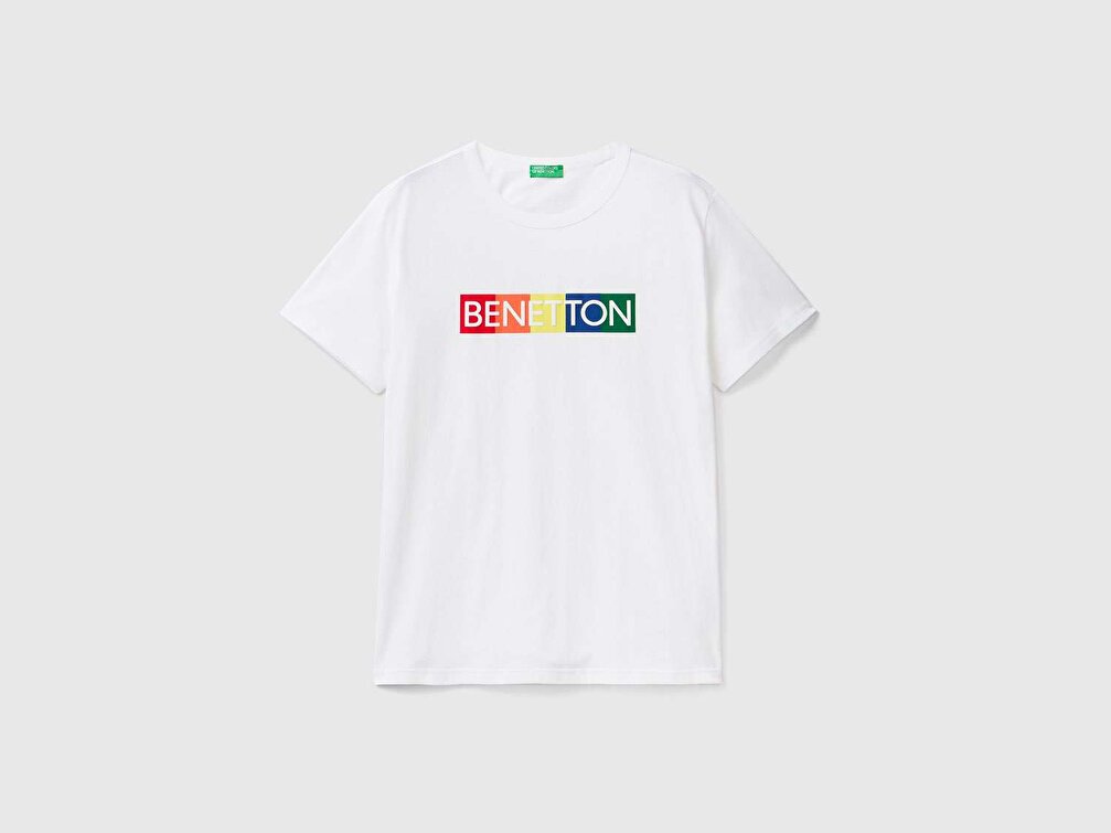 Benetton Erkek Beyaz-Renkli Şeritli Logo Baskılı Organik Pamuklu Tshirt