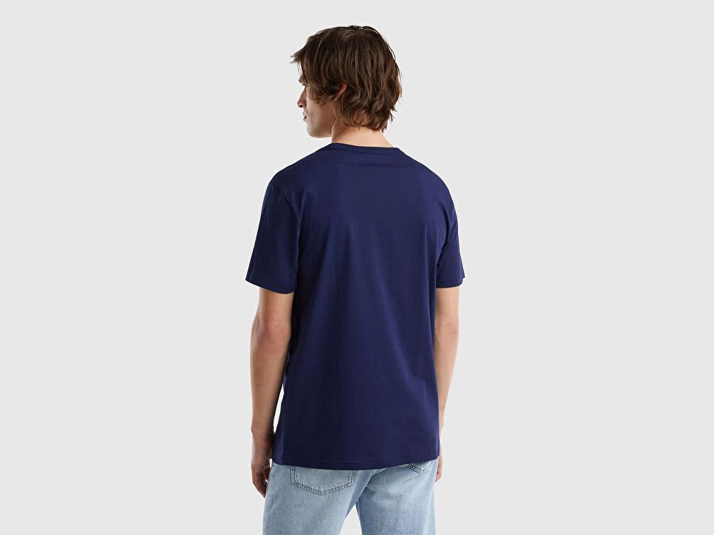 Benetton Erkek Lacivert-Renkli Şerit Logo Baskılı Organik Pamuklu Tshirt
