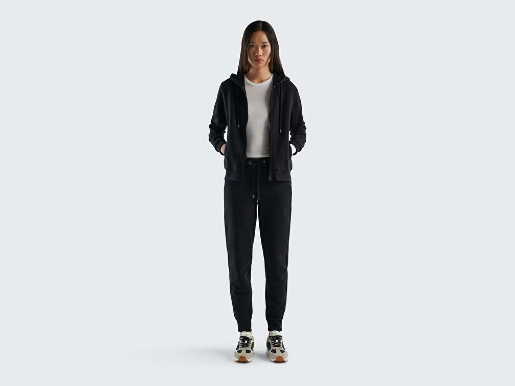 Benetton Kadın Siyah Fermuarlı Kapüşonlu Sweatshirt