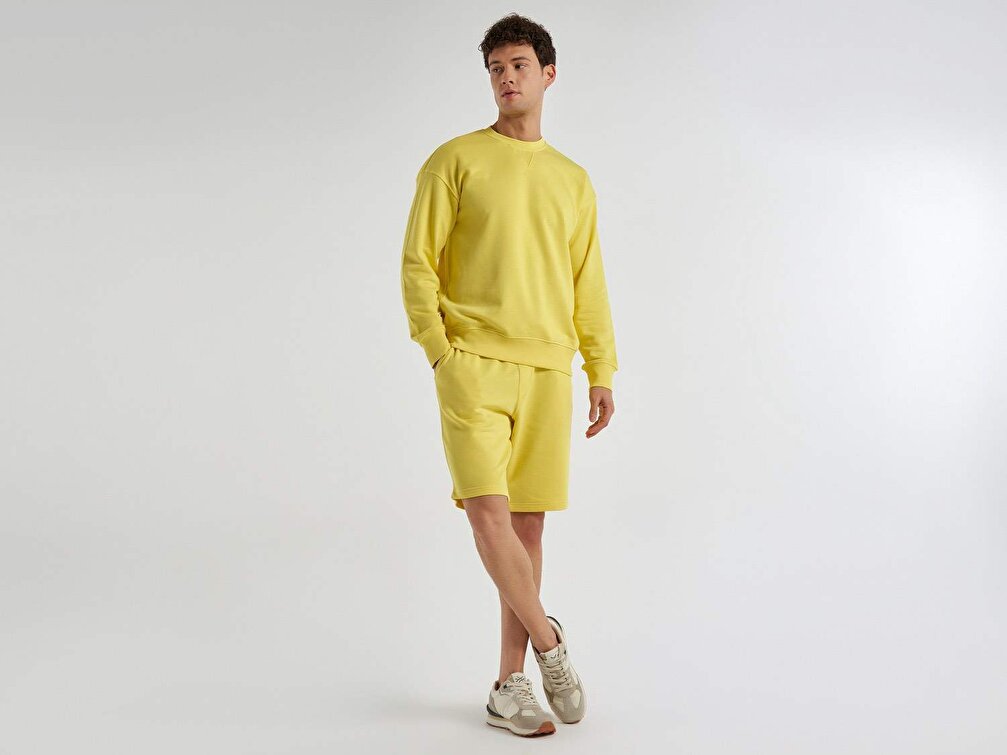 Benetton Erkek Sarı %100 Koton Bisiklet Yaka Basic Sweatshirt
