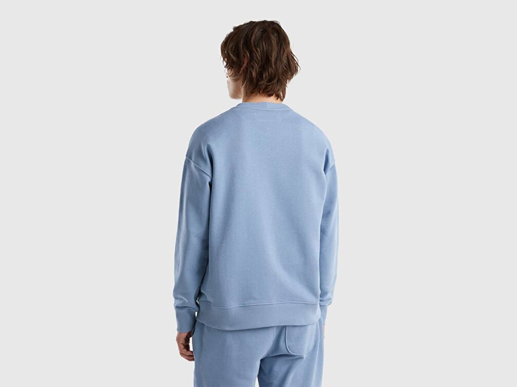 Benetton Erkek Havacı Mavi %100 Koton Bisiklet Yaka Basic Sweatshirt