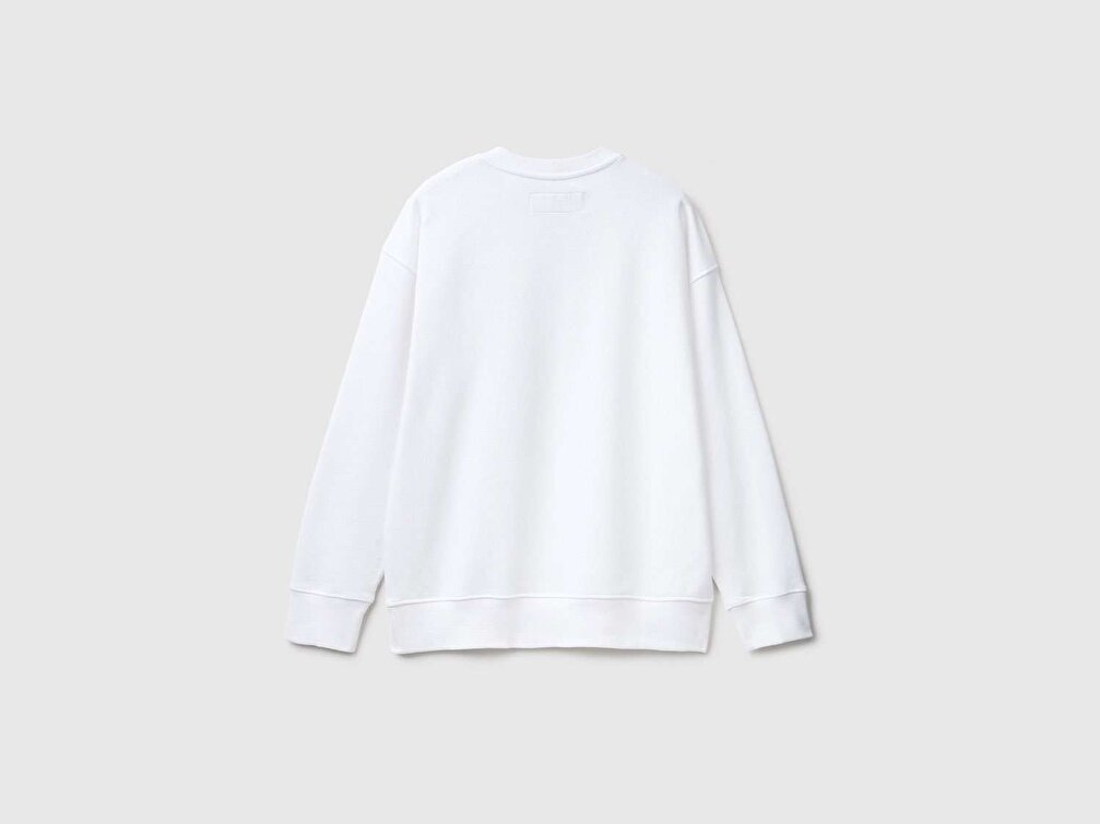 Benetton Erkek Beyaz %100 Koton Bisiklet Yaka Basic Sweatshirt