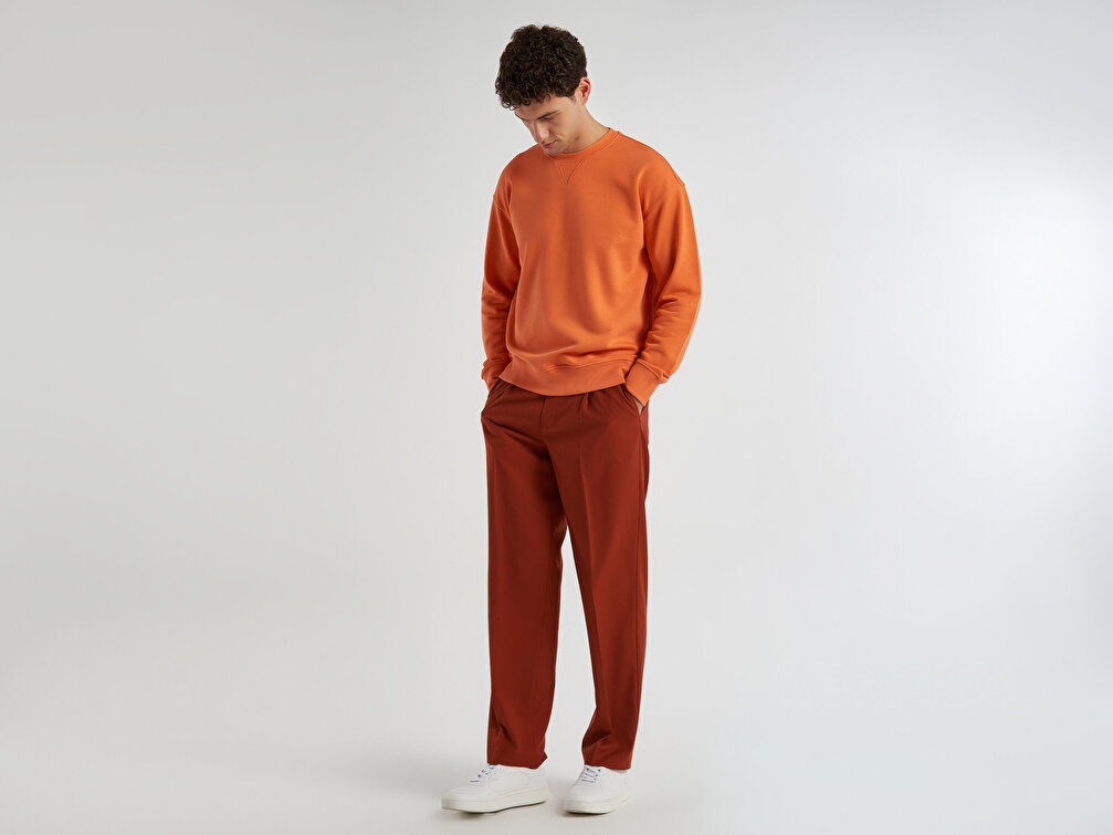 Benetton Erkek Turuncu %100 Koton Bisiklet Yaka Basic Sweatshirt