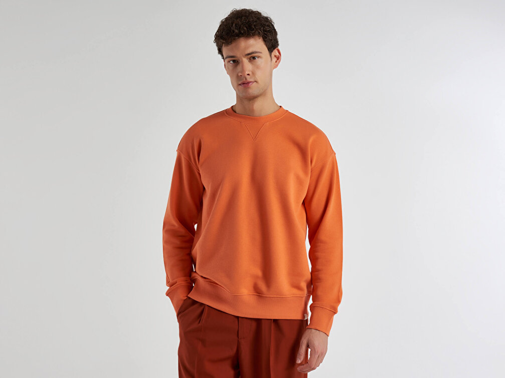 Benetton Erkek Turuncu %100 Koton Bisiklet Yaka Basic Sweatshirt