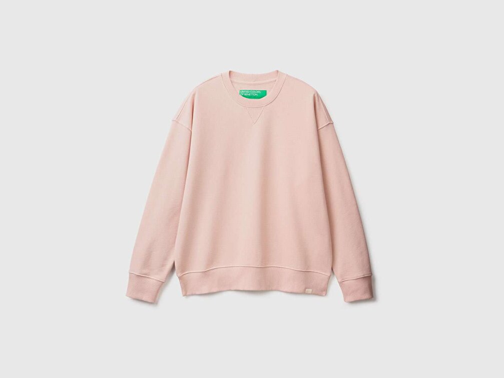 Benetton Erkek Açık Pembe %100 Koton Bisiklet Yaka Basic Sweatshirt