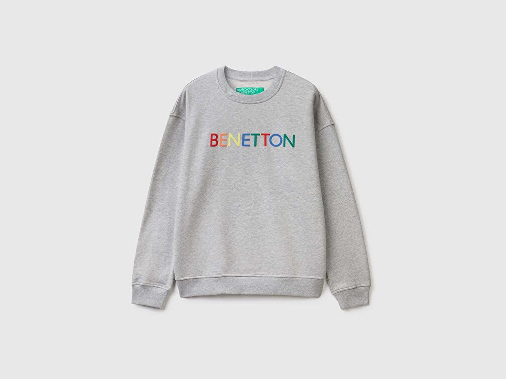 Benetton Erkek Gri Mix Logo Baskılı Sweatshirt
