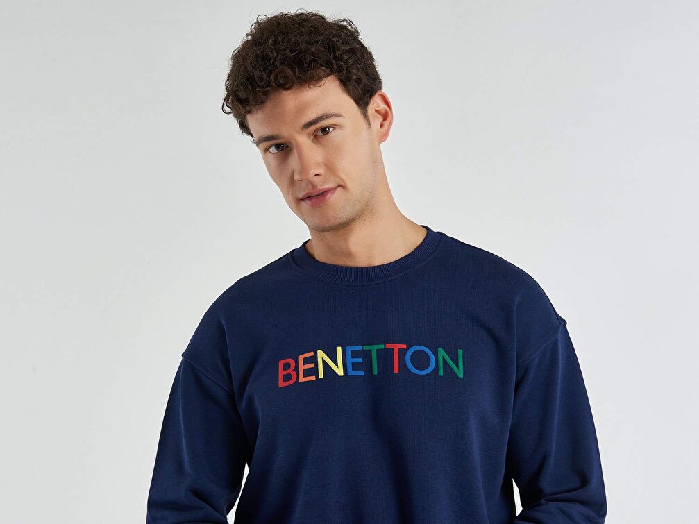 Benetton Erkek Gri Mix Logo Baskılı Sweatshirt