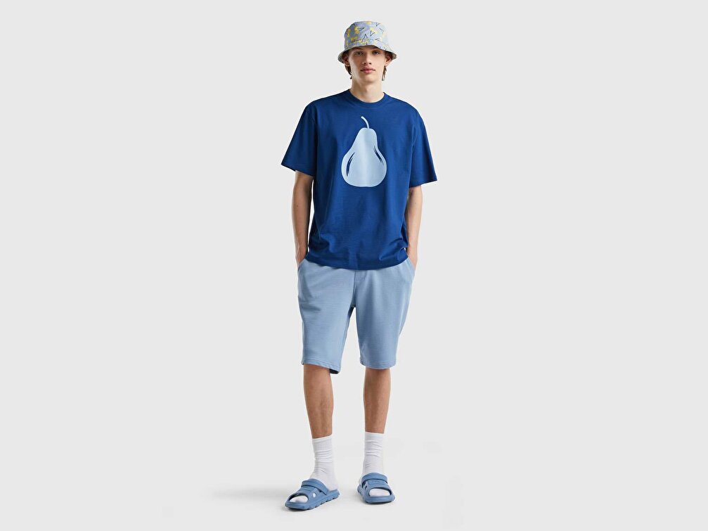 Benetton Erkek İndigo Meyve Desenli T-Shirt