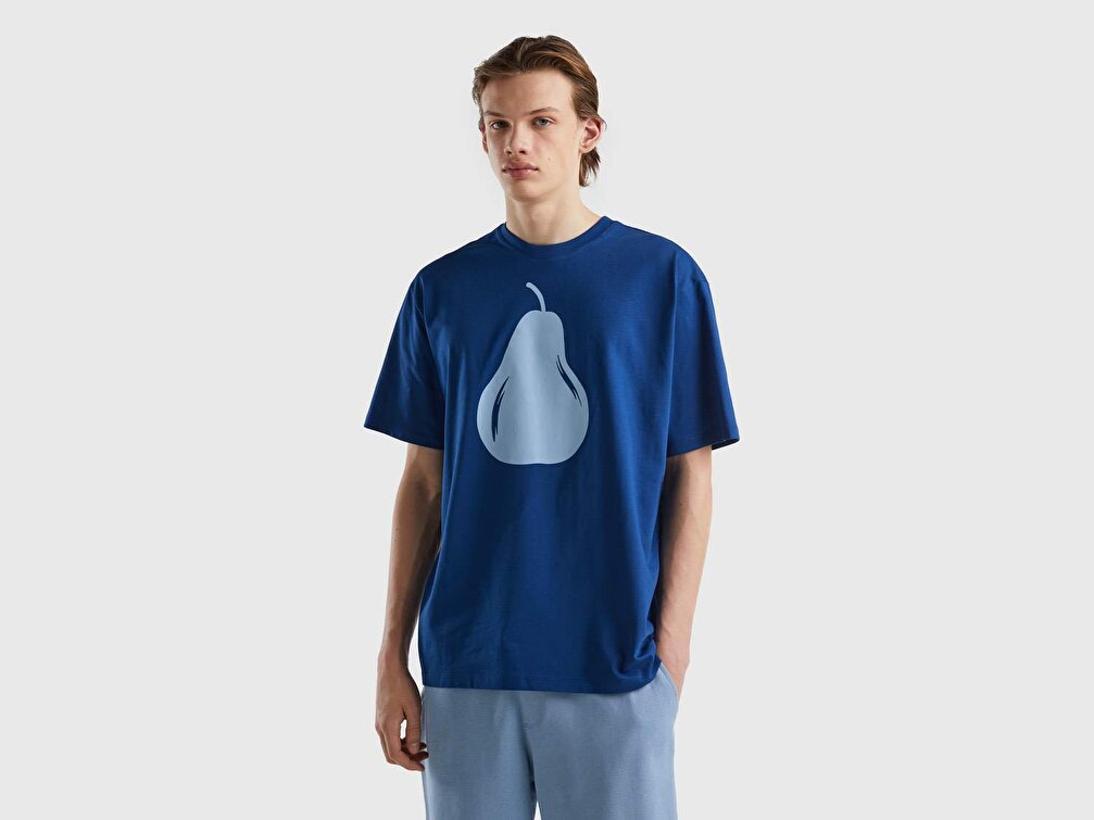 Benetton Erkek İndigo Meyve Desenli T-Shirt