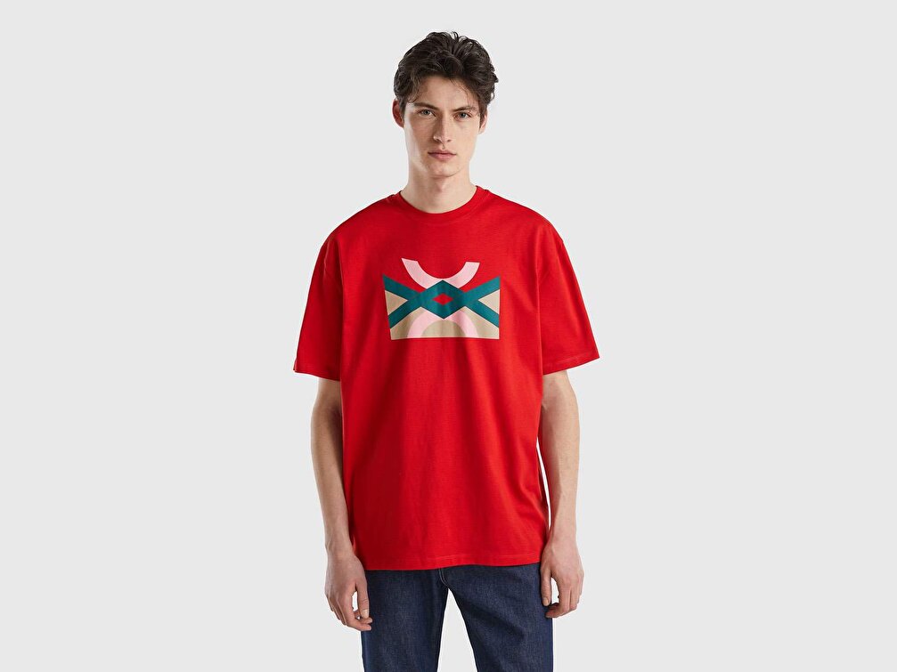 Benetton Erkek Bordo Yarım Logo Baskılı T-Shirt