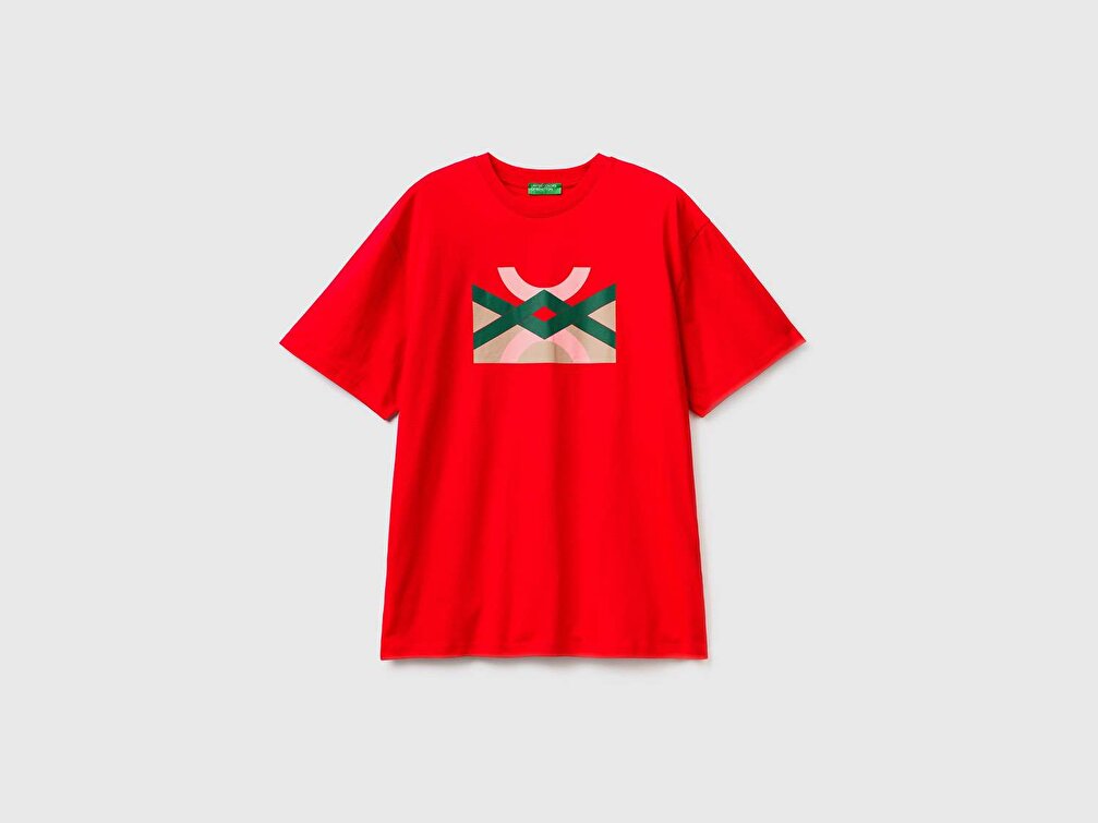 Benetton Erkek Bordo Yarım Logo Baskılı T-Shirt