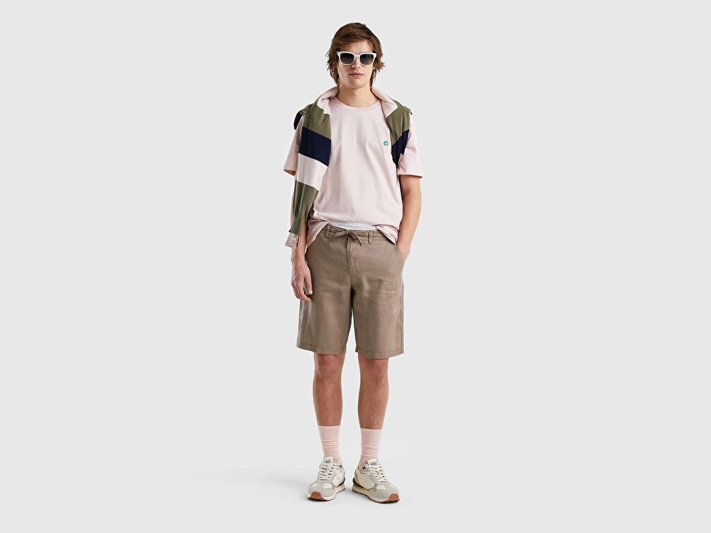 Benetton Erkek Açık Pembe Benetton Logolu Bisiklet Yaka T-Shirt