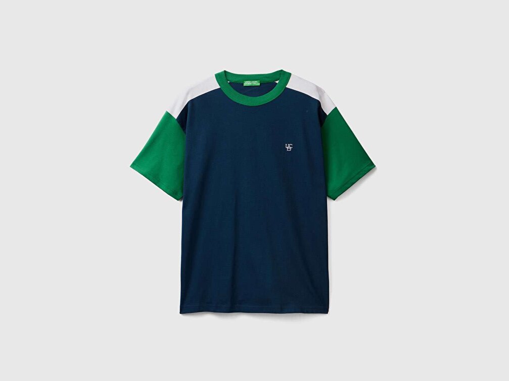 Benetton Erkek Lacivert Mix Renk Bloklu UCB Baskılı T-Shirt