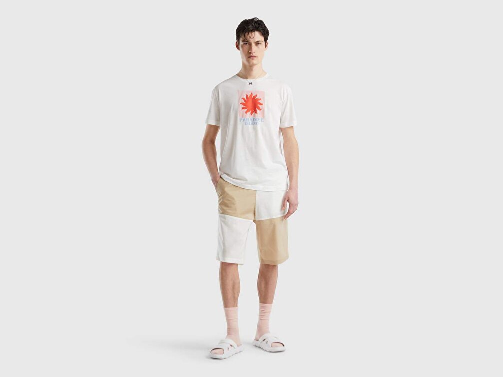 Benetton Erkek Krem Tatil Baskılı T-Shirt