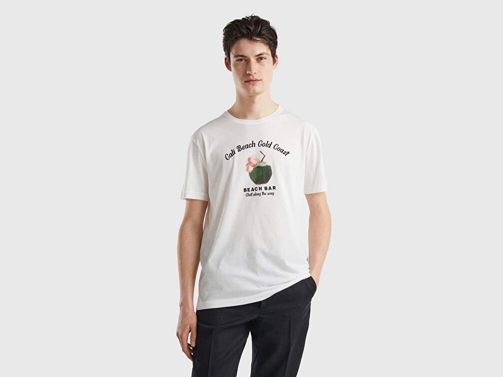 Benetton Erkek Krem Mix Tatil Baskılı T-Shirt