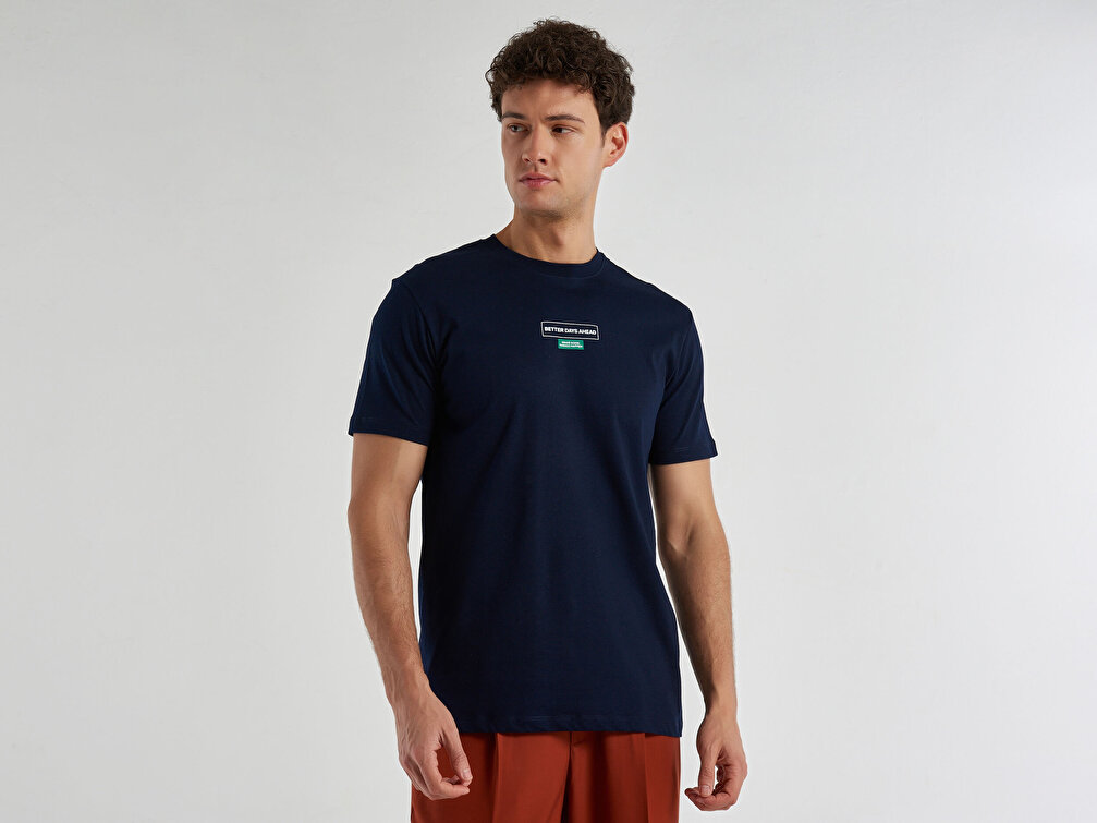 Benetton Erkek Lacivert Tematik Baskılı %100 Koton T-Shirt