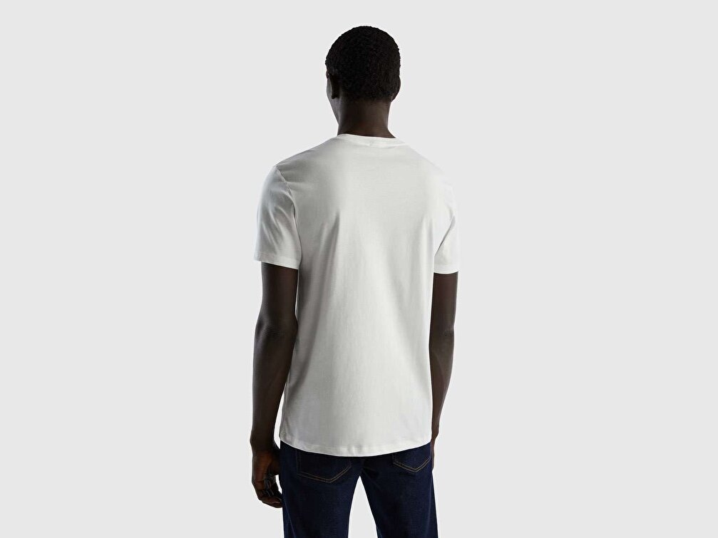 Benetton Erkek Krem Tematik Baskılı %100 Koton T-Shirt