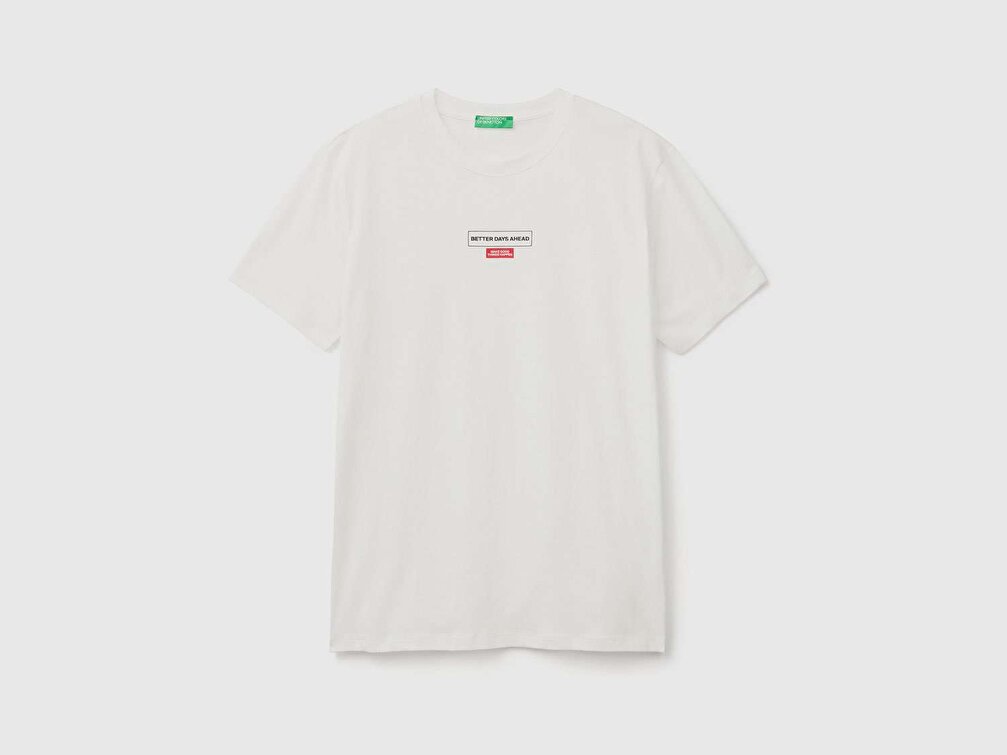 Benetton Erkek Krem Tematik Baskılı %100 Koton T-Shirt