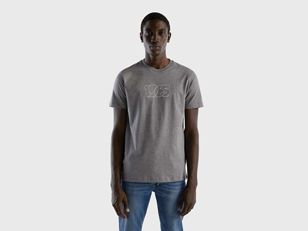 Benetton Erkek Antrasit Melanj Tematik Baskılı %100 Koton T-Shirt