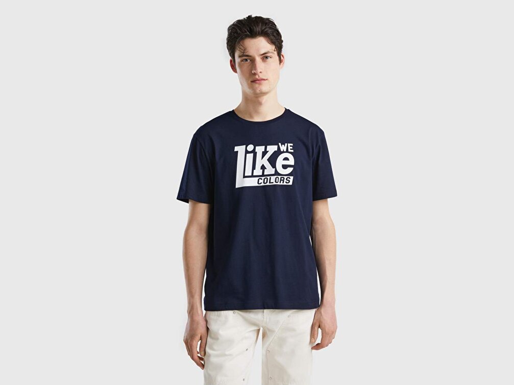 Benetton Erkek Lacivert Mix Be 65 Baskılı T-Shirt