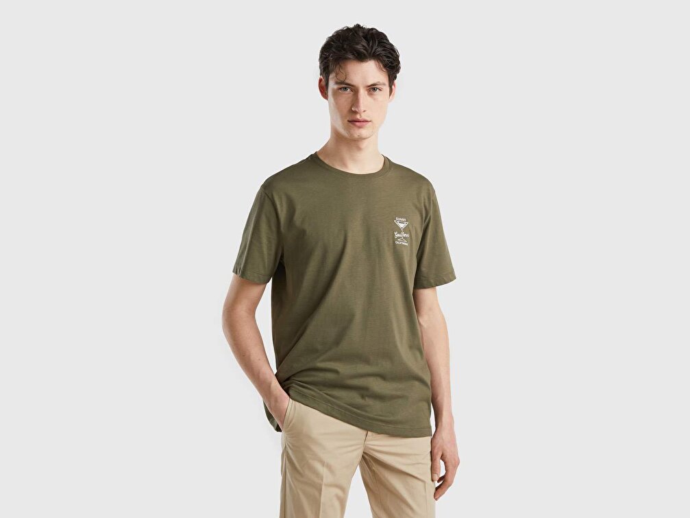 Benetton Erkek Haki Küçük Tatil Baskılı T-Shirt