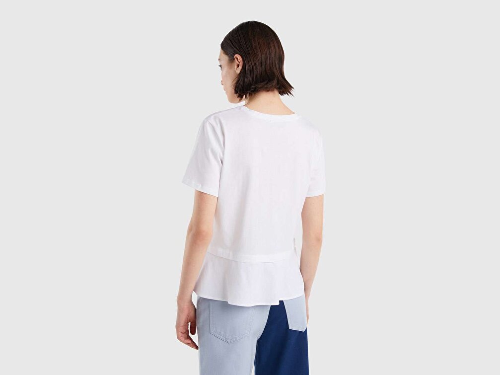 Benetton Kadın Beyaz %100 Koton Boxy Fit Pileli T-Shirt