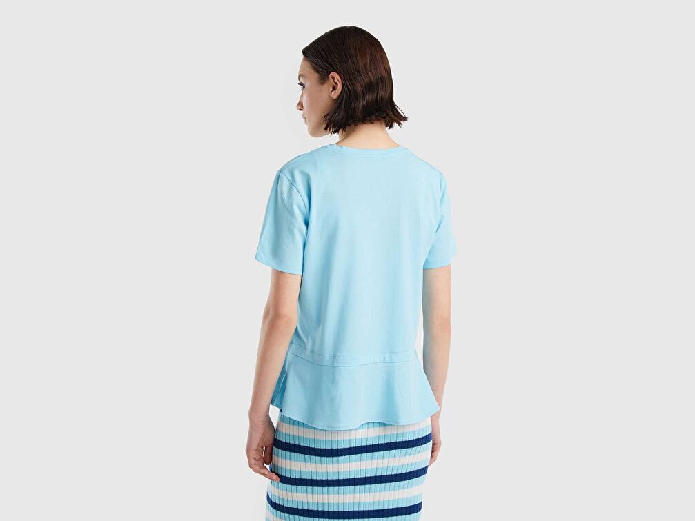 Benetton Kadın Turkuaz %100 Koton Boxy Fit Pileli T-Shirt