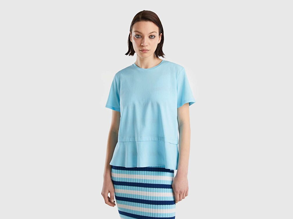 Benetton Kadın Turkuaz %100 Koton Boxy Fit Pileli T-Shirt
