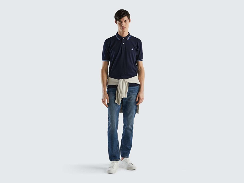 Benetton Erkek Lacivert Kol ve Yaka Ucu Çizgili Polo