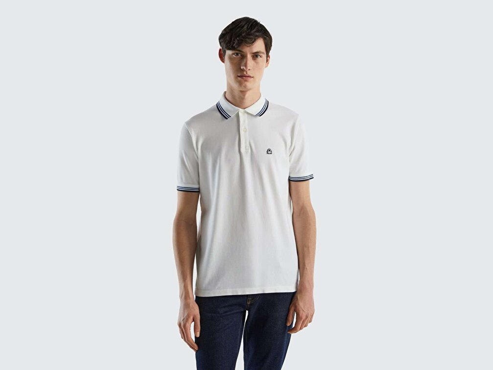 Benetton Erkek Beyaz Kol ve Yaka Ucu Çizgili Polo
