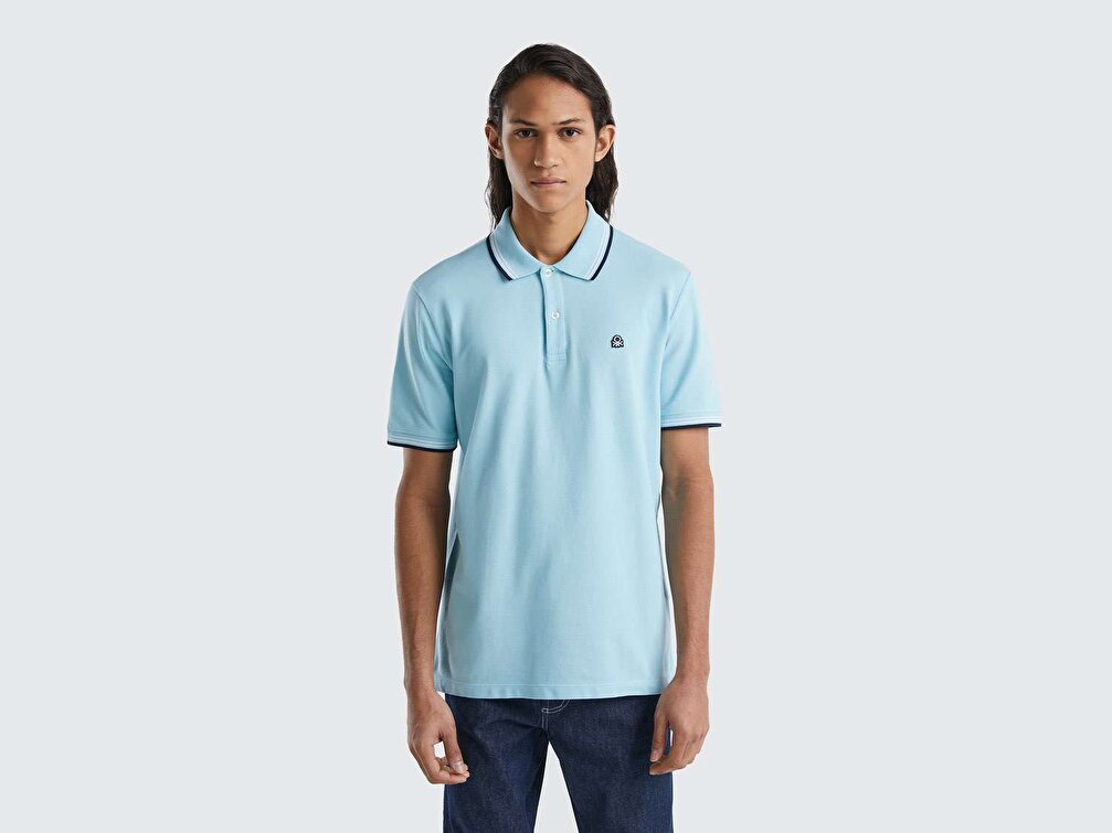 Benetton Erkek Turkuaz Kol ve Yaka Ucu Çizgili Polo