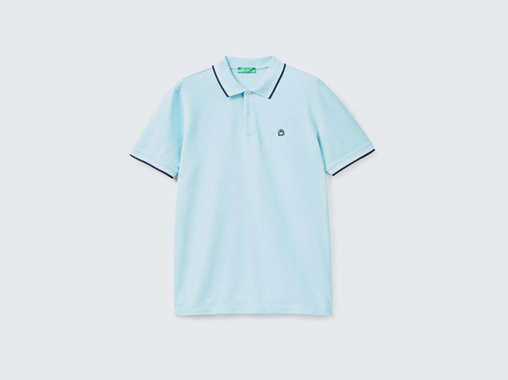 Benetton Erkek Turkuaz Kol ve Yaka Ucu Çizgili Polo