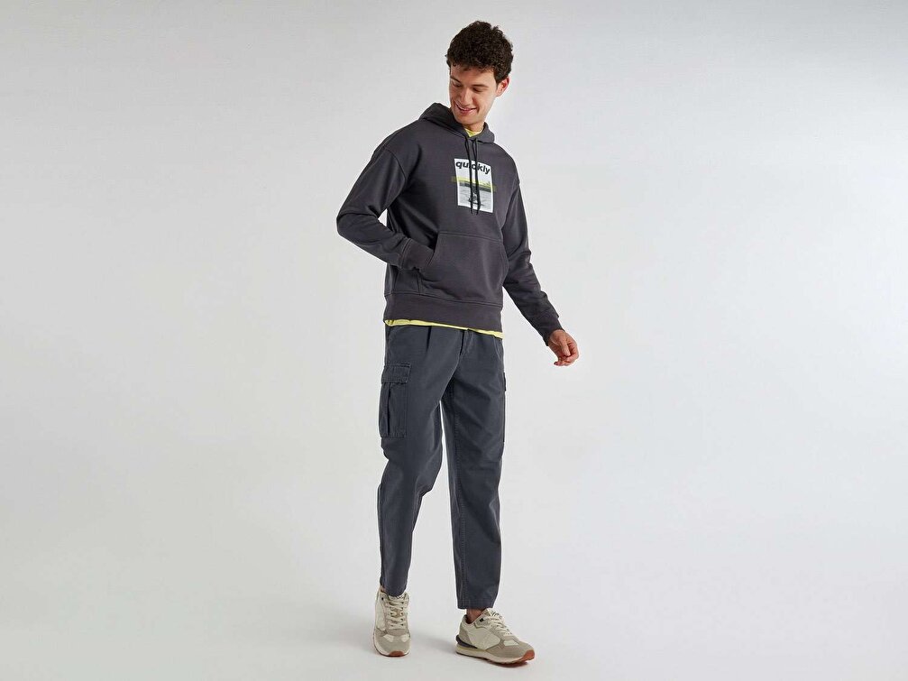 Benetton Erkek Antrasit Kapşonlu Baskılı Sweatshirt