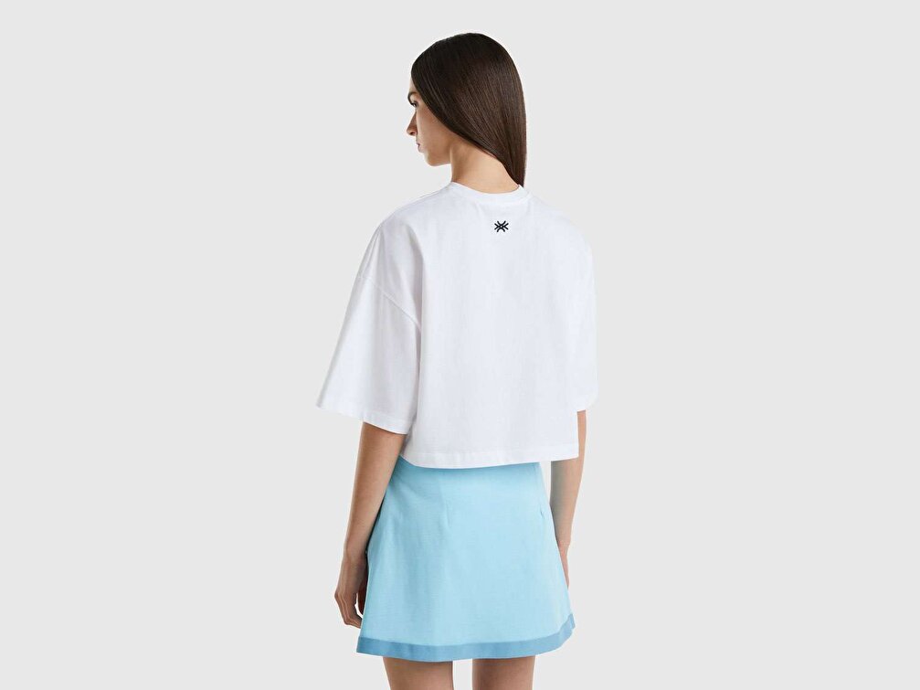 Benetton Kadın Beyaz Hayvan Baskılı Crop T-Shirt