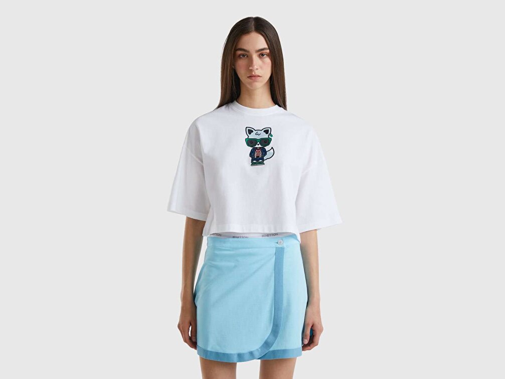 Benetton Kadın Beyaz Hayvan Baskılı Crop T-Shirt