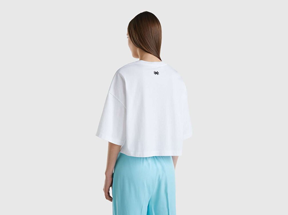 Benetton Kadın Beyaz Mix Hayvan Baskılı Crop T-Shirt