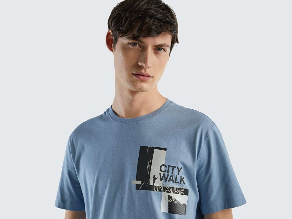 Benetton Erkek Havacı Mavi  City Baskılı T-Shirt