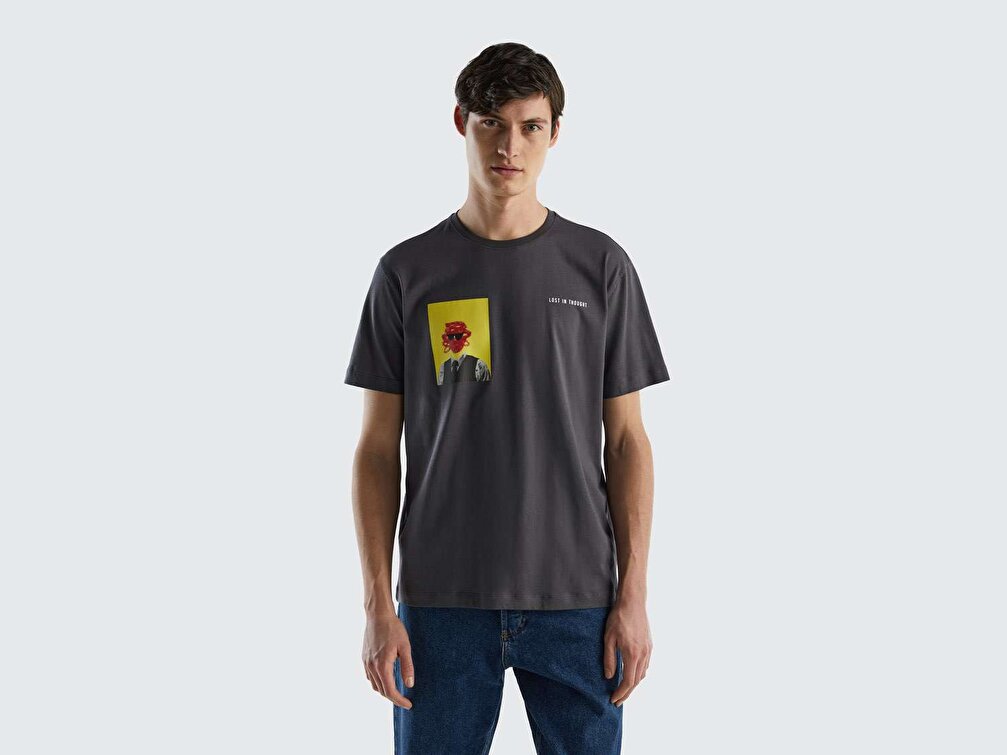Benetton Erkek Antrasit  City Baskılı T-Shirt