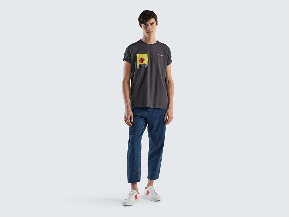 Benetton Erkek Antrasit  City Baskılı T-Shirt