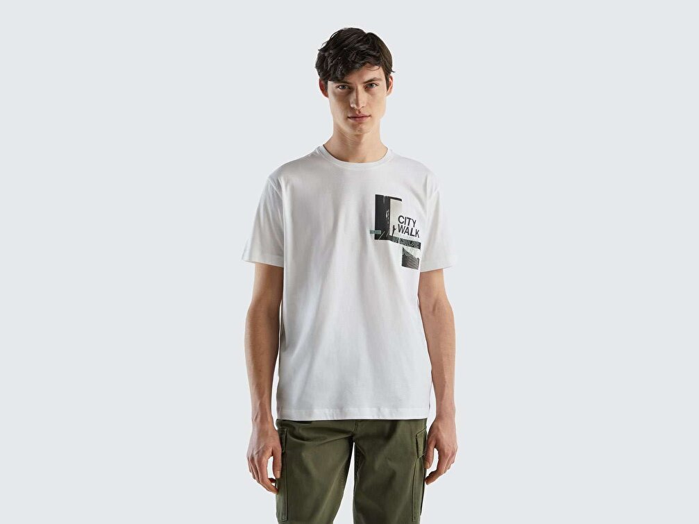 Benetton Erkek Beyaz  City Baskılı T-Shirt