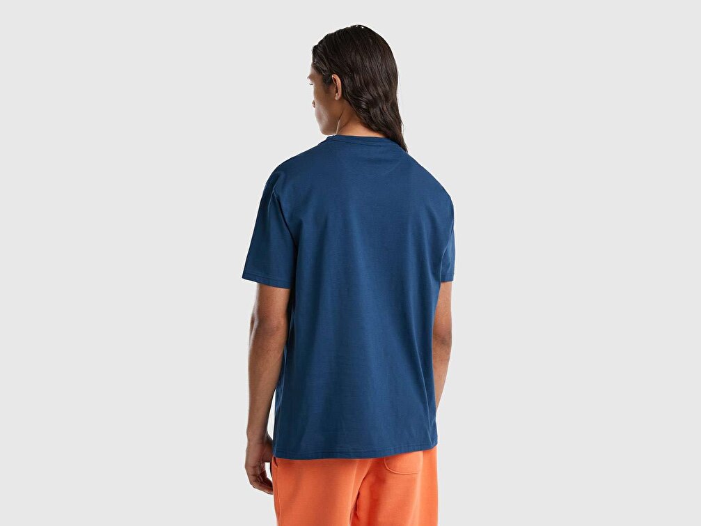 Benetton Erkek İndigo  Atletik Baskılı T-Shirt