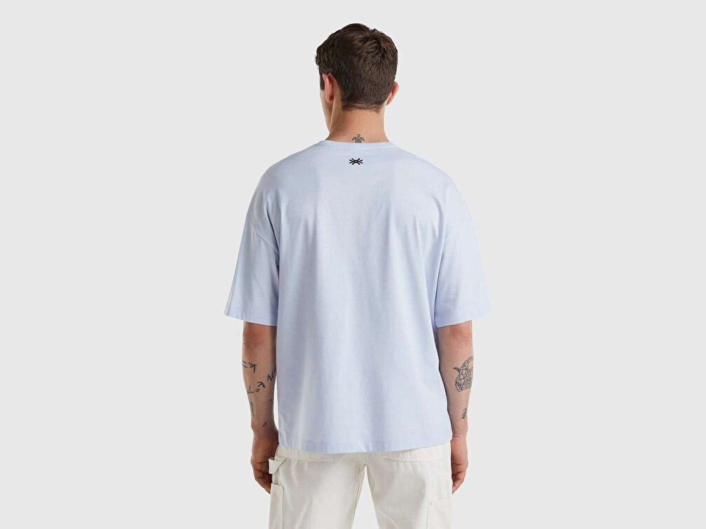 Benetton Unisex Toz Mavi Hayvan Baskılı T-Shirt