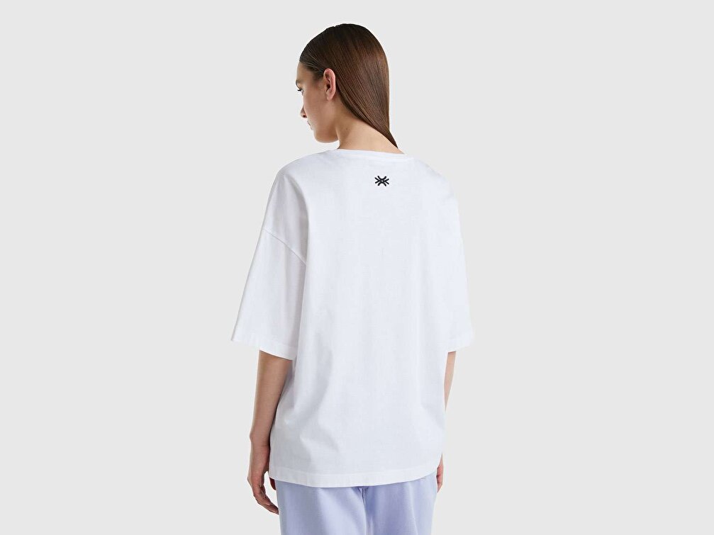 Benetton Unisex Beyaz Hayvan Baskılı T-Shirt