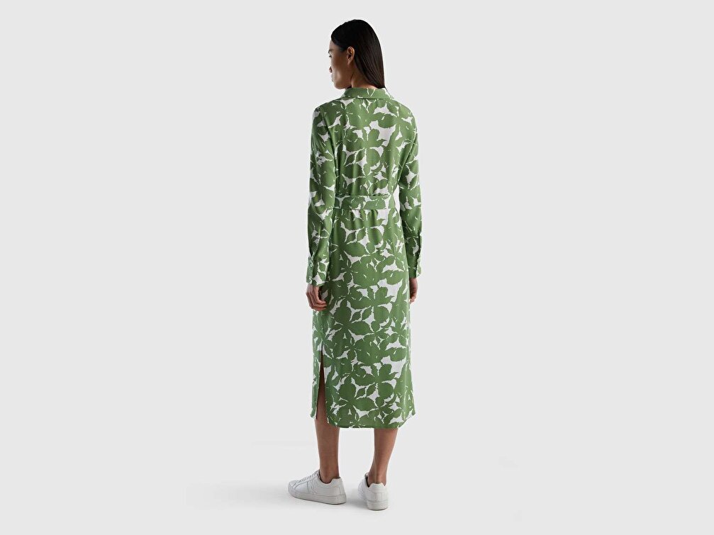 Benetton Kadın Yeşil Mix %100 Viskoz Uzun Kollu Çiçek Desenli Elbise