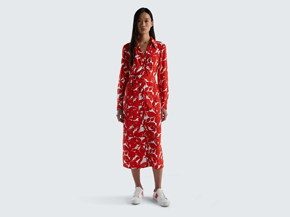 Benetton Kadın Kırmızı Mix %100 Viskoz Uzun Kollu Çiçek Desenli Elbise